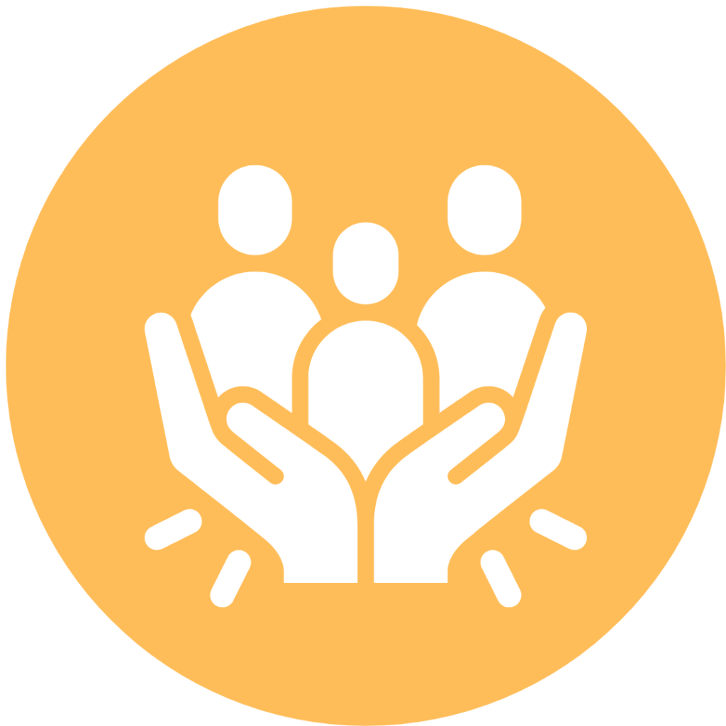 cupped hands holding three persons  in round icon with yellow background